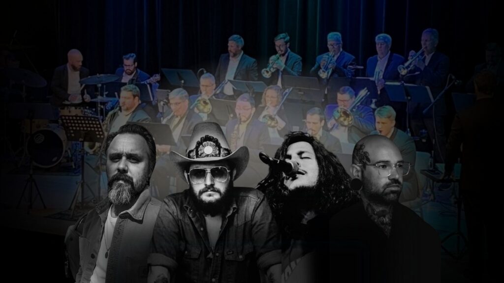 An image of four male singers overlaid on a image of a big band performing on stage