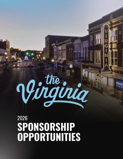 Cover of a sponsorship booklet for The Virginia that says "2026 Sponsorship Opportunities" with an evening photo of the downtown streetscape and Virginia marquee lit in the background.